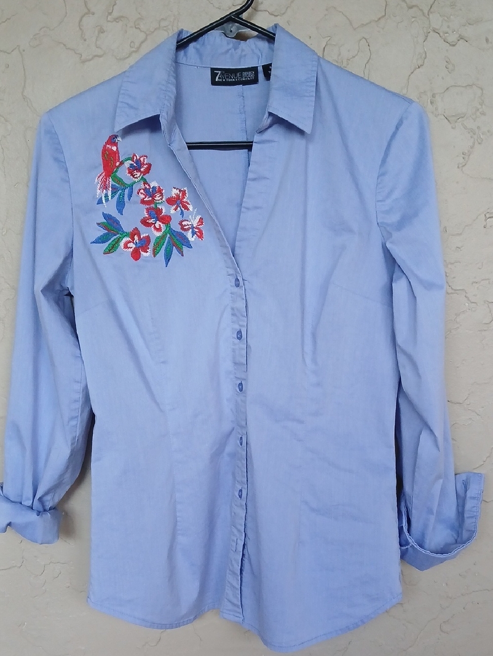 Avenue Light Blue Shirt with Floral & Parrot Embroidery